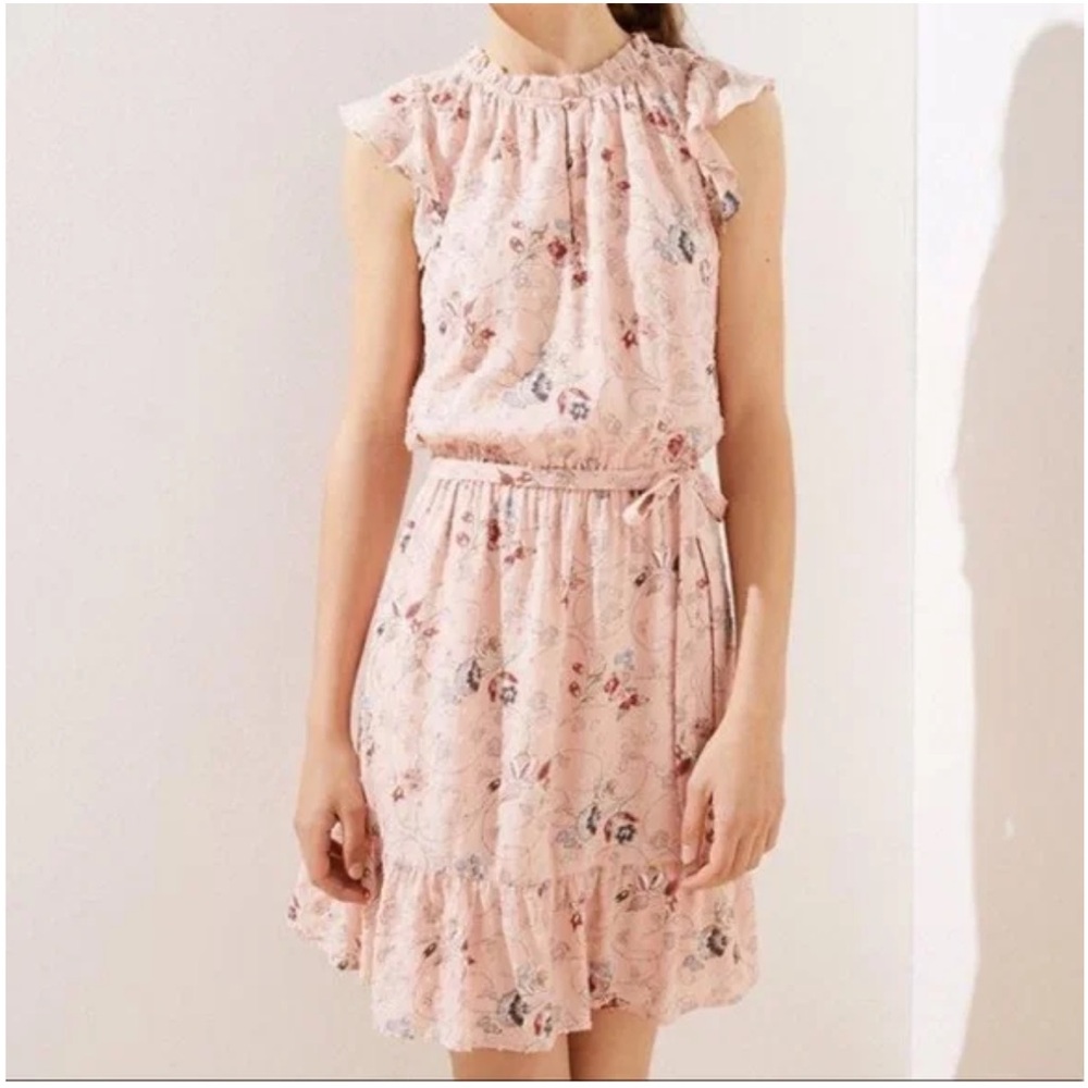 LOFT Floral Clip Dot Flounce Dress Large NWT